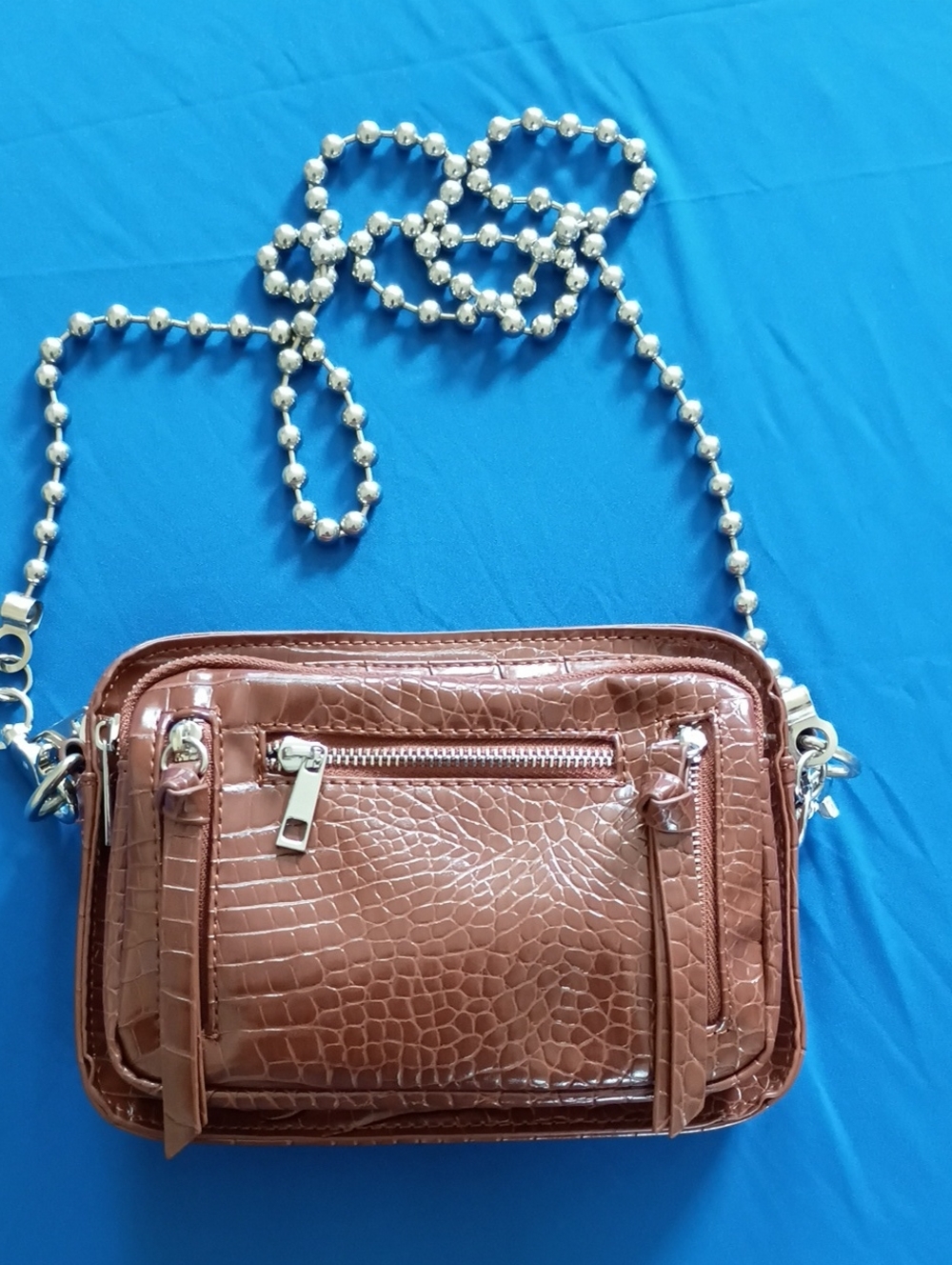 Urban Outfitters Brown Faux Croc Crossbody with Silver Ball-Chain Strap